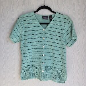 Vtg Y2K Crazy Horse Petite L Short-Sleeve Open Knit Crochet Button Down Cardigan